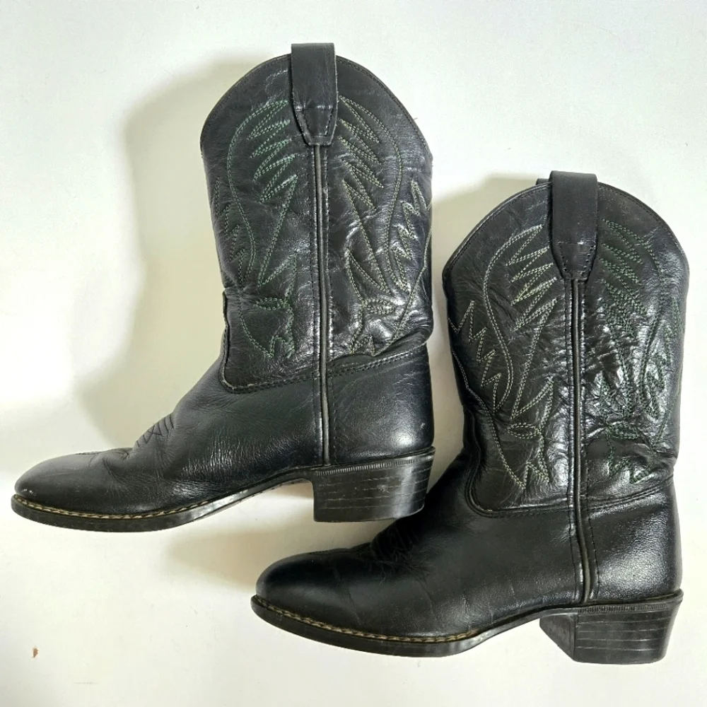 AJama black western leather cowboy cowgirl boots youth kids size 6/7